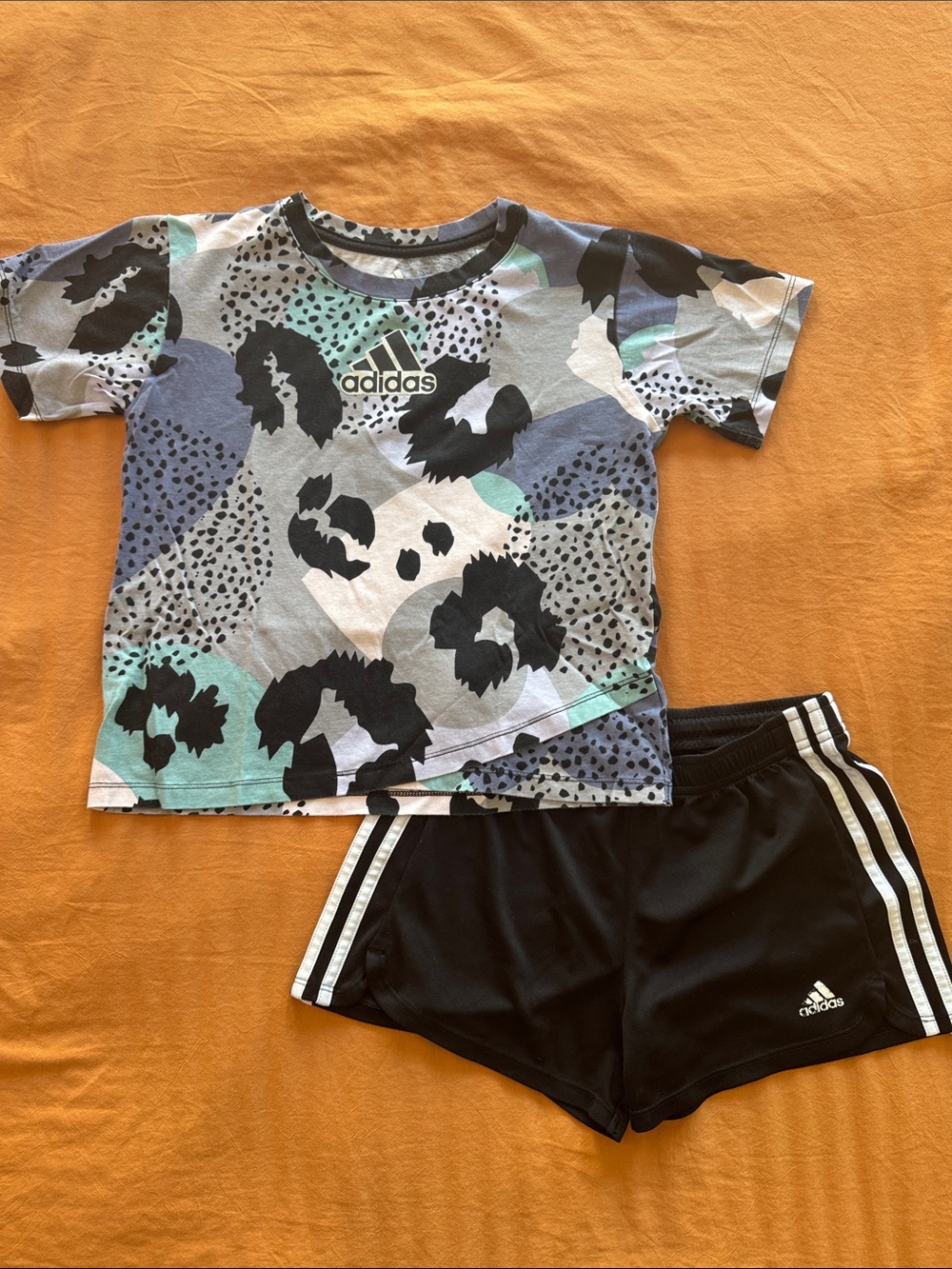 adidas Girls' leopard Multicolor Tee and Black Athletic Shorts Set